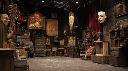 Theatrical backstage scene filled with antique furniture and stage props suggesting a performance