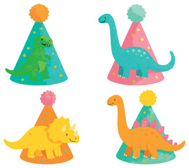 Naklejka premium Dinosaur party vector: cute festival hat designs for kids' celebrations and events
