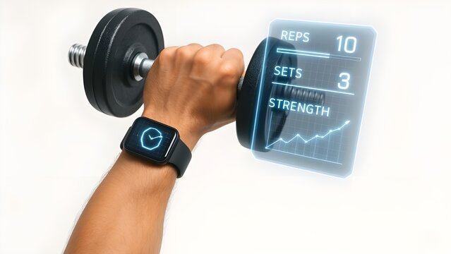 Close-Up of Hand with Smartwatch Lifting Dumbbell and Futuristic Fitness Data Overlays