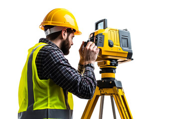 Surveyor using level instrument on construction site, isolated