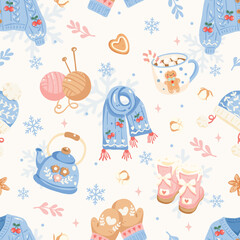 Fototapeta premium Cute Winter Cozy Seamless Pattern, Christmas Knitted Sweater Scarf Boots Gloves Tea Cup Snowflakes, Kawaii Holiday Digital Paper