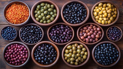 Assorted Olives in Bowls on Wooden Background
