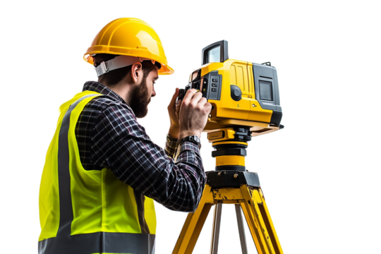 Surveyor using level instrument on construction site, isolated