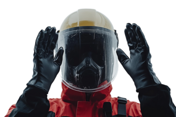Hazmat worker preparing, putting on protective gear, with black background.