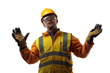 Puzzled construction worker shrugging against black background, a doubtful stance