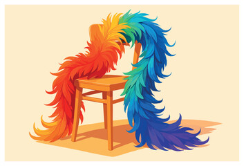 Colorful feathered boa vector for celebrations – vibrant rainbow decor on chair