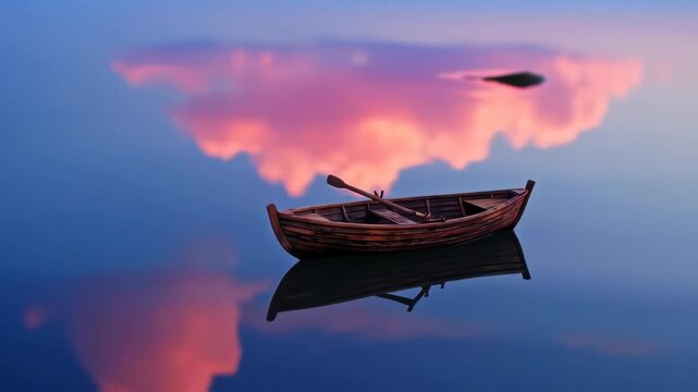 A wooden rowboat floats peacefully on a still lake, reflecting a vibrant sunset sky
