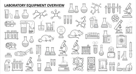 Illustration of various laboratory equipment including glassware and microscopes in black and white