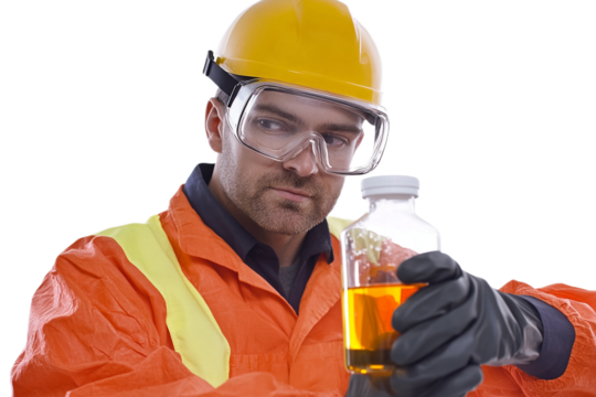 Worker Inspecting Liquid Sample in Laboratory with Safety Gear