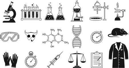 A collection of scientific equipment and symbols in black and white line art illustration style
