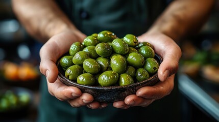 Bowl of Green Olives Held in Hands