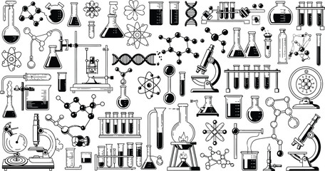A collection of black and white science equipment and molecular structures in a seamless pattern design