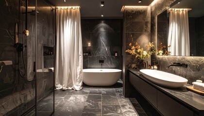 Modern luxury bathroom interior with dark marble, freestanding bathtub, and elegant vanity. Ambient lighting creates a sophisticated, relaxing home spa experience
