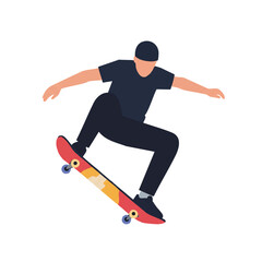 Fototapeta premium A dynamic skateboarder performs an exciting ollie trick, captured in a vibrant 2D flat vector illustration with solid colors and clean lines, isolated on a crisp white background.