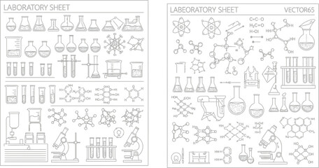 Two laboratory sheets filled with various lab equipment and chemical structures in black and white