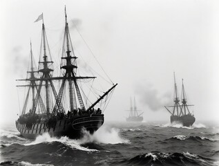sailing ships amidst naval battle fog, dramatic maritime conflict | naval history, maritime conflict, historical battle, foggy seas, historical naval warfare theme