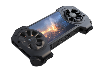 Portable Gaming Device with Cooling Fans on Black Background.
