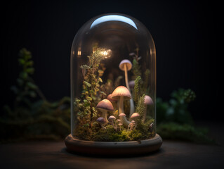 Bioluminescent garden glows inside bell jar—soft light, magical plants, and dreamy ambiance.