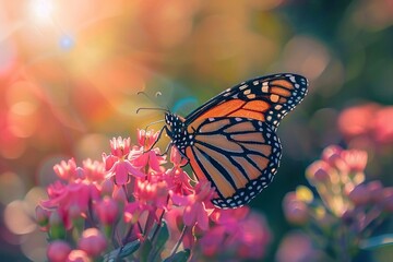  Butterfly Resting on Pink Flowers in Sunlight