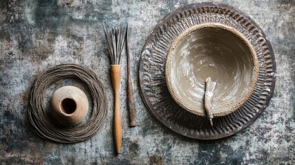 Still Life Composition of Pottery Tools and Vessels on Textured Background
