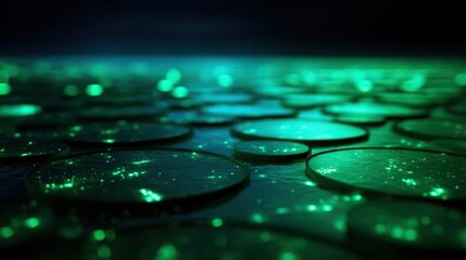 High-Tech Depiction of Microalgae Cultivation Systems with Vibrant Green Bioluminescence