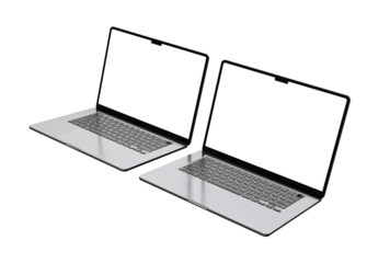 Two Realistic Apple MacBook Air Space Gray 15". Isolated aluminium laptops with blank screen for place your design, ready for mockup. High resolution 8K. Transparent background