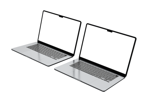 Two Realistic Apple MacBook Air Space Gray 15". Isolated aluminium laptops with blank screen for place your design, ready for mockup. High resolution 8K. Transparent background - Powered by Adobe