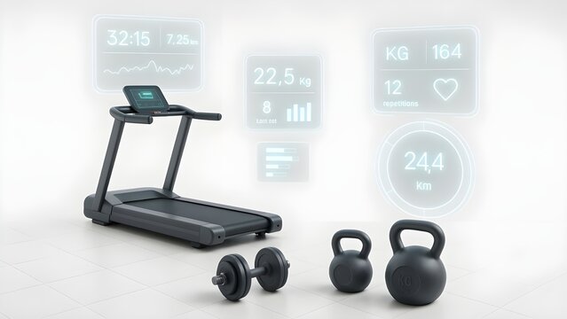 Abstract Fitness Equipment with Futuristic Holographic AR Workout Dashboards - Powered by Adobe