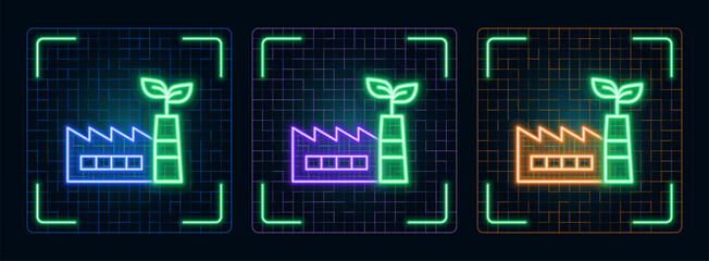 Green factory icon illustration, ecology green environment vector symbol collection, cyber neon visual, glowing borders frames.