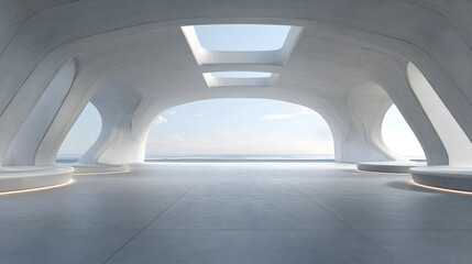 Obraz premium Abstract futuristic architecture with open cement floor, empty space designed for car presentation, high detail 3D render --ar 16:9