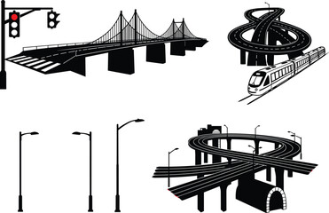 Urban infrastructure vector illustration with roads, bridges, flyovers, streetlights, traffic lights, and trains, perfect for city planning and transportation design.