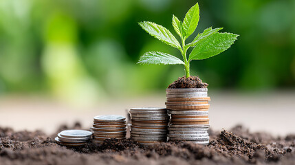 Growth of Investment Represented by Coins Stacked With a Small Green Plant Emerging From the Top in a Garden Setting