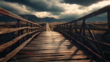 Weathered Wooden Bridge Leading Towards Distant Mountains Under Dramatic Stormy Sky