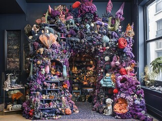 Immersive surreal art installation featuring plush toys and coral-like textures
