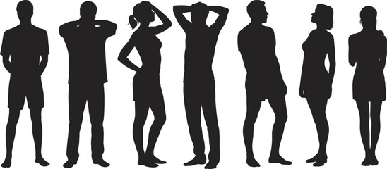 Silhouettes of people standing in various poses, male and female figures, human shadow art, diverse body language, group illustration, isolated vector