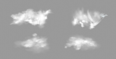 Realistic white fluffy clouds with fog or light smoke effect on a transparent background. Misty atmosphere element for overlaying on images, dramatic scenes or weather visual effects.
