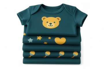 Folded baby clothes decorated with teddy bear, hearts, stars and rattles prints, isolated on transparent background