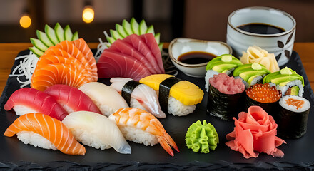 Vibrant and fresh sushi platter showcasing salmon, tuna, shrimp, and avocado rolls with accompaniments, perfect for culinary promotion.