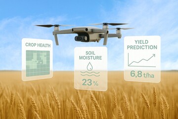Modern Drone Over Wheat Fields with Futuristic AR Agriculture Dashboards