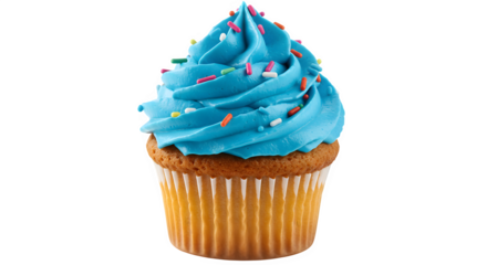 Delicious Cupcake with blue Frosting and Rainbow Sprinkles on White Background, cupcake isolated on transparent background, Closeup of Sweet Cupcake Dessert with Colorful Sprinkles