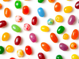 A colorful, close-up pattern of jelly beans and confetti-like dots scattered across a white background, creating a fun, vibrant abstract effect.