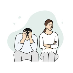 Fototapeta premium Man and Woman Considering Divorce. Arguing Couple and Couple. A Couple Tired of Marital Fight. Hand-painted Vector Illustration