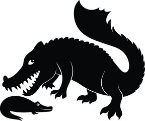 Fototapeta premium Black silhouette of a large crocodile and a small crocodile with white background alligator reptile