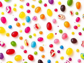 A colorful, close-up pattern of jelly beans and confetti-like dots scattered across a white background, creating a fun, vibrant abstract effect.