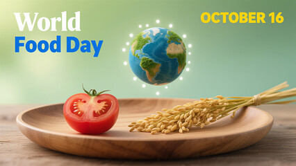 Tomatoes, wheat ears, and the Earth represent the resource focus of World Food Day, used for promoting food issues and public welfare science popularization scenes.
