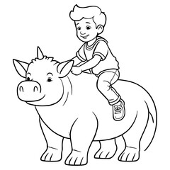 Fototapeta premium Clean outline drawing of a child riding on the back of a giant minimalistic design for coloring page