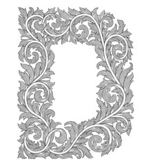 D initial alphabet in floral ornament shape, Vintage engraving drawing style illustration