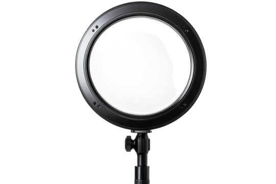 Circular LED light with stand on black background