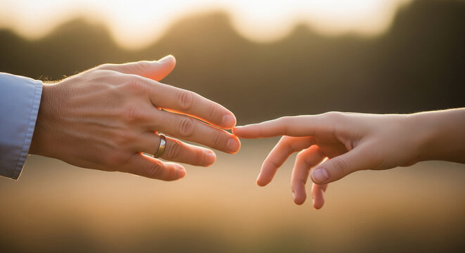 Touching Fingers Mans Hand with Wedding Ring and Womans Hand. - Powered by Adobe