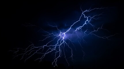 Intense Blue Lightning Bolt Against Dark Black Background.